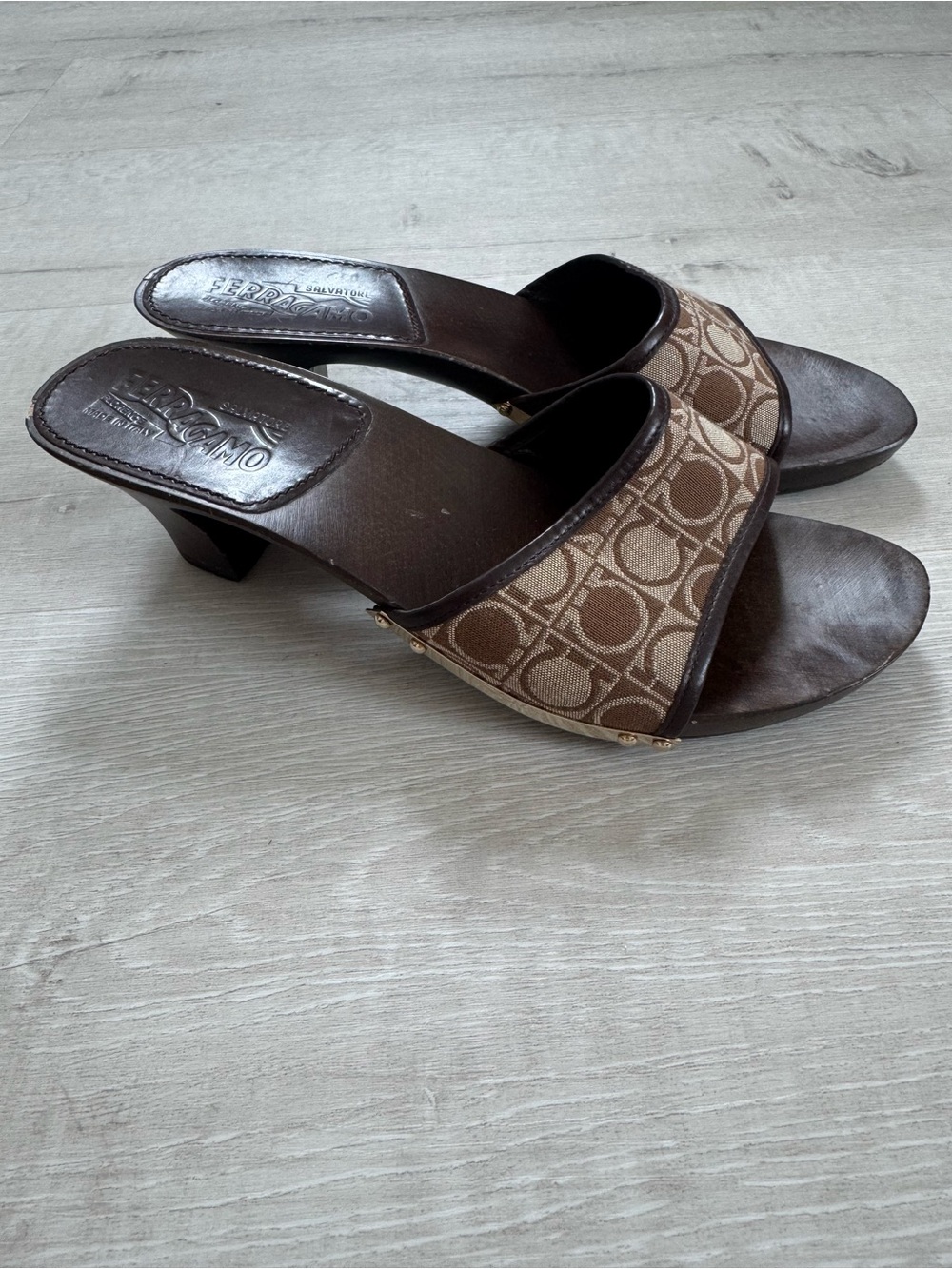 Salvatore Ferragamo Brown Monogram Mid-Heel Slide Mules - Picture 4 of 5